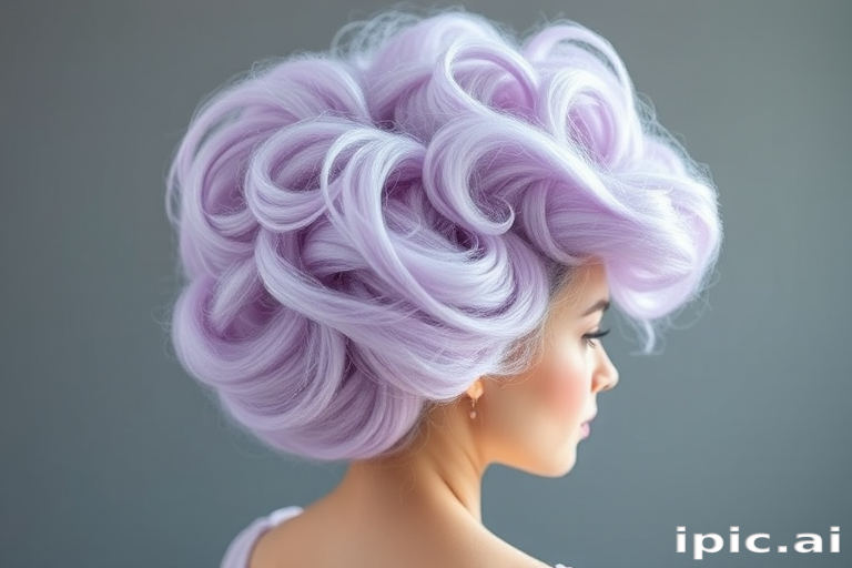 Ethereal lavender fairy floss updo named Amethyst Cloud crafted from wispy tendrils of cotton candy-like texture arranged in a voluminous spherical shape resembling a delicate floating nimbus