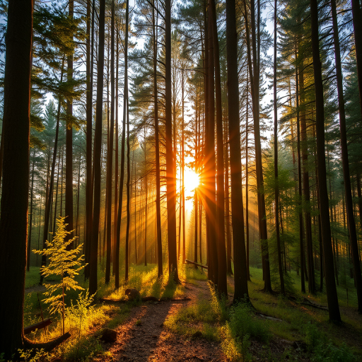Create a high-resolution image of a tranquil forest scene during golden hour with sunlight filtering through the trees, using a Canon EOS R5, 50mm lens, f/1.8 aperture, ISO 100, and a tripod for stability.