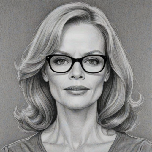 Bewitching Marg Helgenberger, pencil sketch, portrait of Sublime woman 1956s in glasses, hair style beatnik, outline, clear lines, fine lines, 8k