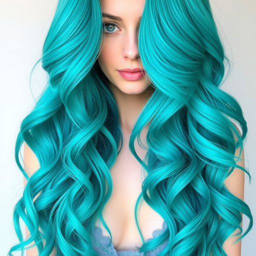 Vibrant teal mermaid waves cascading down to the waist, Oceana's hair shimmers with iridescent highlights and playful curls, creating a mesmerizing aquatic-inspired look that captures the essence of the sea