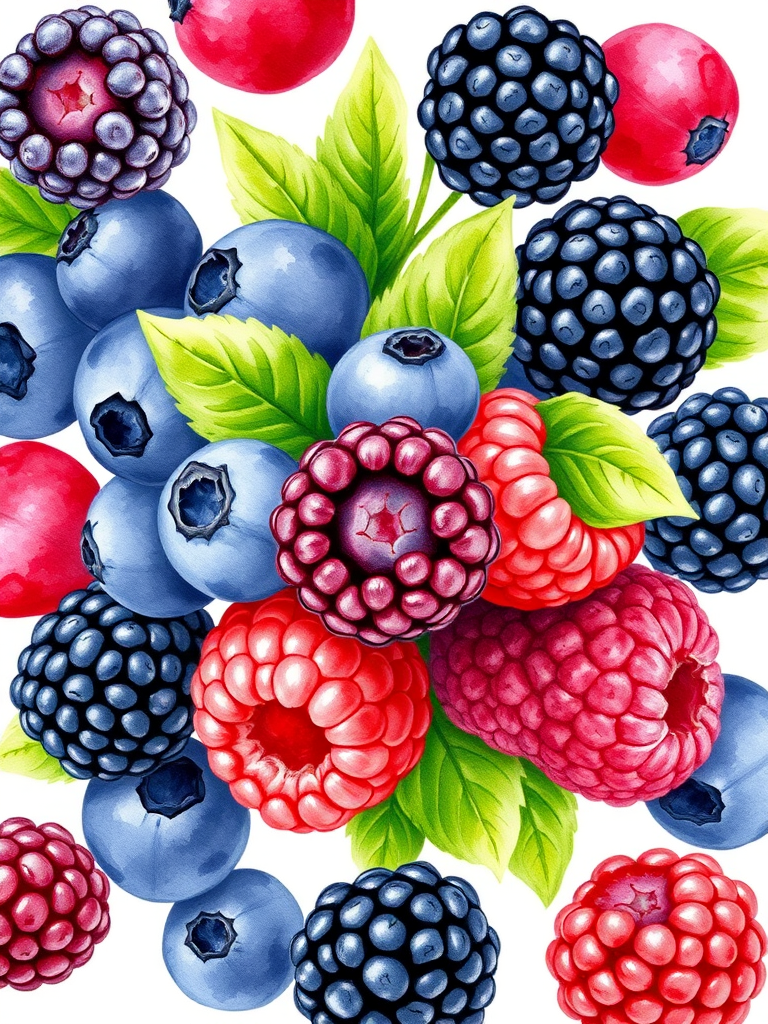 a watercolor illustration of a cluster of assorted berries including blueberries, blackberries, and raspberries with green leaves, on a white background