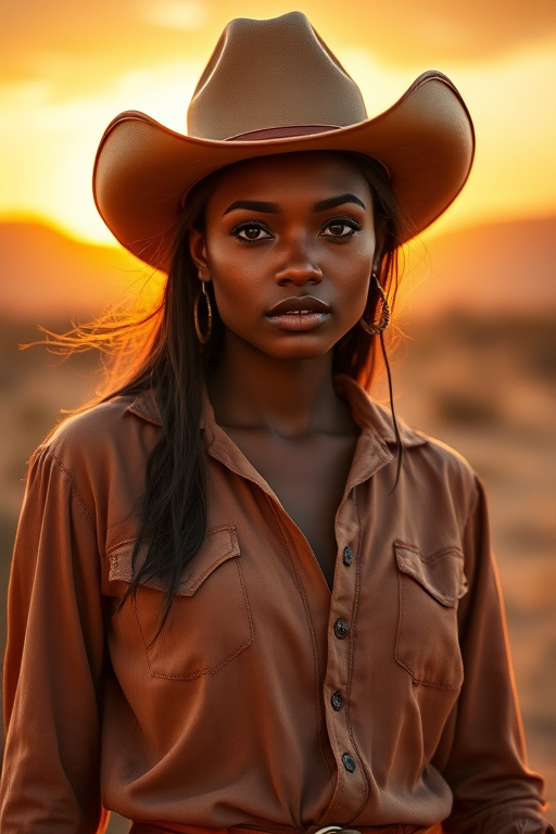Dramatic photo of a beautiful Fijian woman, classic cowboy attire, confident and free spirit expression, half-length portrait, centered, golden hour desert landscape, warm, diffused light, low angle, medium format film camera, in style of Annie Leibovitz.