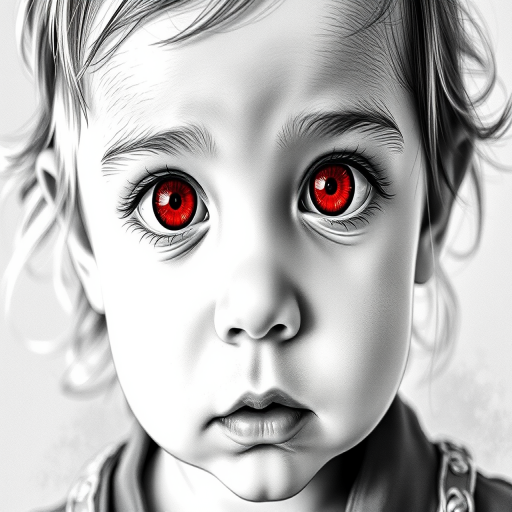 A hyperdetailed photorealistic black and white sketch of a beautiful toddler with deep red eyes, with a macro focus