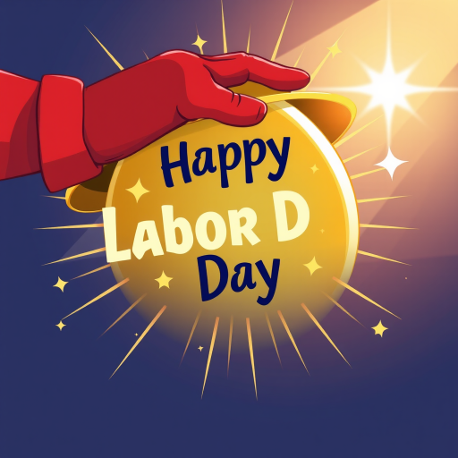 Create an illustration featuring a hand wearing a red glove holding a yellow hard hat with the text "Happy Labor Day" in bold letters, surrounded by star bursts and rays of light, captured with a Canon EOS R5, 50mm lens, aperture f/2.8, natural lighting, high contrast for vibrant colors.