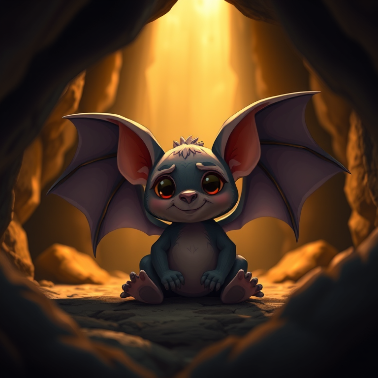 Create a high-resolution image of a stylized cartoon bat creature sitting in a dark cave, illuminated by soft, golden light, with intricate details on its fur and wings, using a DSLR camera, 35mm lens, f/2.8 aperture, ISO 100, and a low-angle perspective to enhance depth and texture.