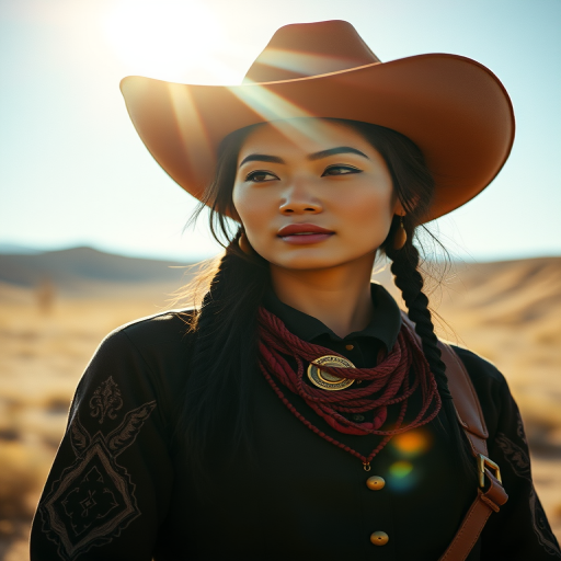 Dramatic photo of a beautiful Maori woman, classic cowboy attire, confident and free spirit expression, half-length portrait, centered, golden hour desert landscape, warm, diffused light, low angle, medium format film camera, in style of Annie Leibovitz.