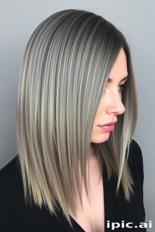 Ash gray long bob with subtle green undertones and styled in sleek, straight lines with a deep side part, exuding a sophisticated and mysterious aura named Misty Willow