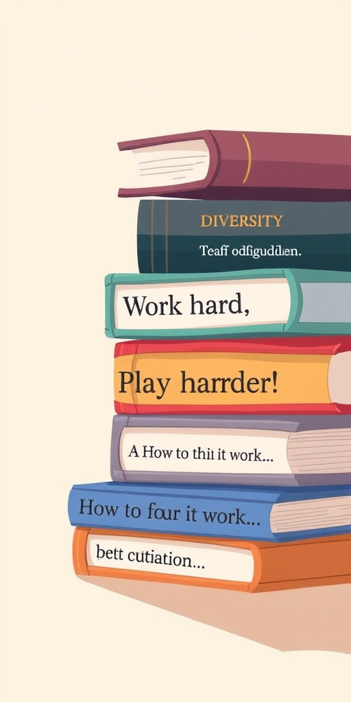 Create an illustration of stacked books with titles like "Diversity," "Work hard, play harder!," and "How to make it work...," in a minimalist style on a light beige background using a digital tablet, 300 DPI resolution, top-down view, with soft lighting and smooth textures.