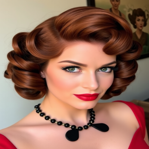 Rich mahogany hair with subtle copper highlights, styled in voluminous vintage-inspired pin curls and victory rolls, exuding retro glamour and sophistication known as Cinnamon Siren
