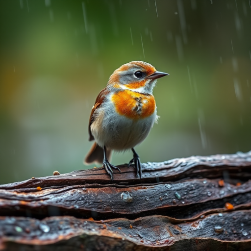 A close-up of a bird perched on a log in the rain, captured with a Canon EOS 5D Mark IV, 70mm lens, aperture f/4, ISO 800, shutter speed 1/200s, shallow depth of field, natural light, vibrant colors, and crisp detail.