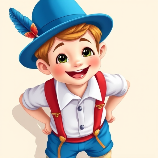 Create a vibrant illustration of a cartoon Bavarian boy wearing a blue hat with a feather, a white shirt, red suspenders, and blue shorts, with a friendly smile, in high resolution, shot with a digital camera at f/4.0 aperture, ISO 100, 50mm lens, top-down view, using soft natural lighting for enhanced colors and clarity.