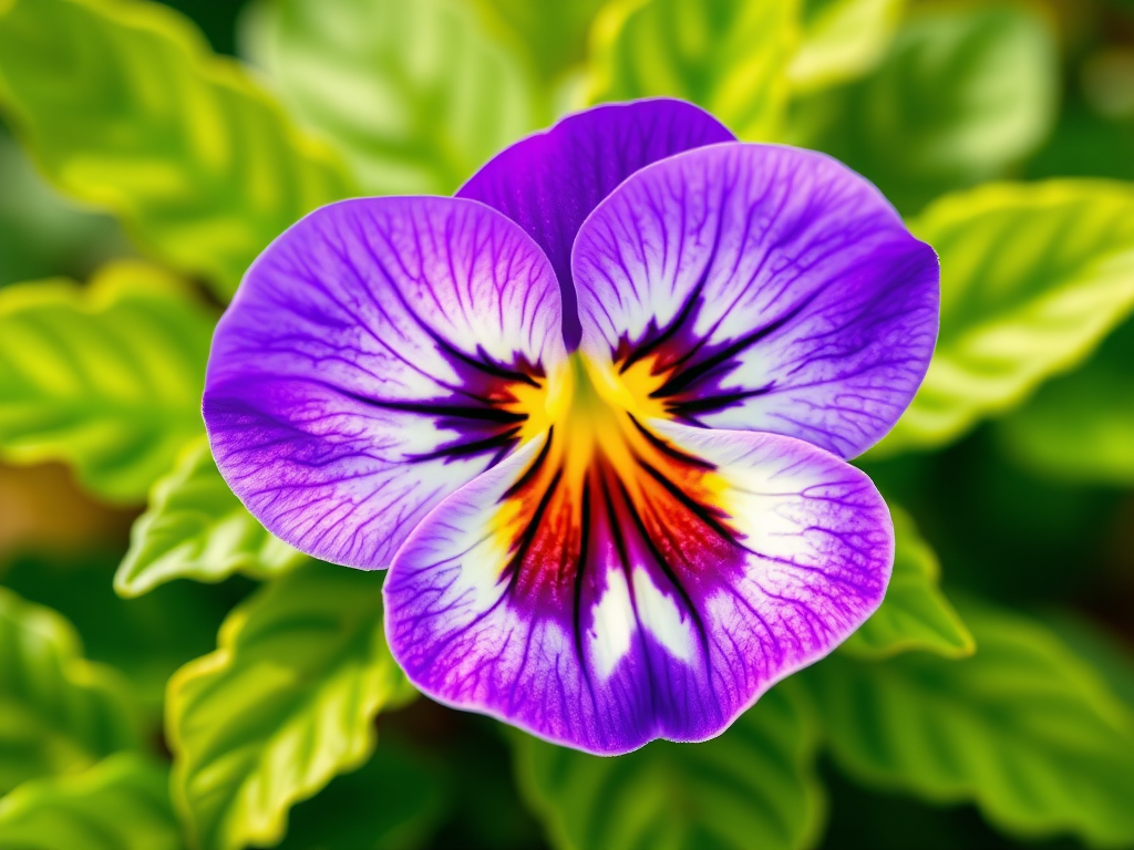 Create a vibrant illustration of a purple pansy flower with green leaves, using a macro camera setting with a shallow depth of field, top-down view, digital art style, DSLR camera type for high-resolution output.