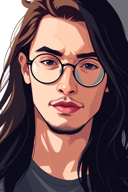 Generate a high-resolution illustration of a stylish, artistic portrait of a musician with long dark hair and round glasses, captured in soft natural lighting using a DSLR camera with a 50mm lens at f/1.8, with a shallow depth of field and a clean, minimalist background.