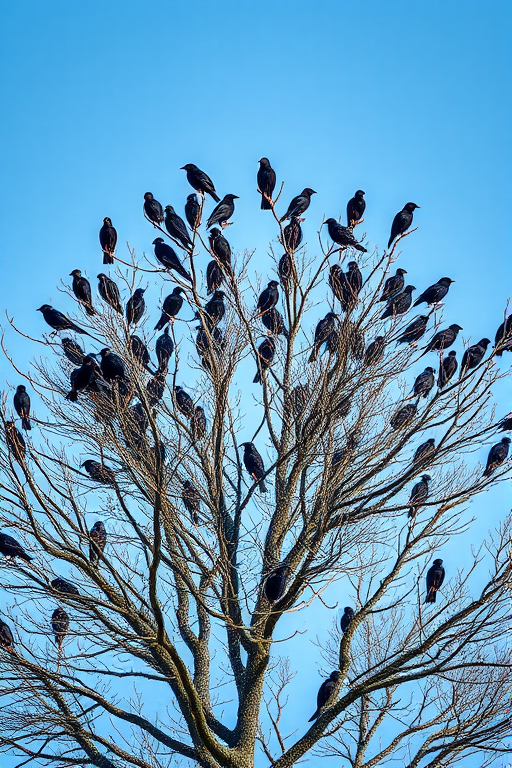 a dense tree filled with blackbirds perched on its branches against a clear blue sky, captured with a Canon EOS 5D Mark IV, 200mm lens, f/5.6 aperture, ISO 400, in natural light, focus on the birds and tree texture, shallow depth of field