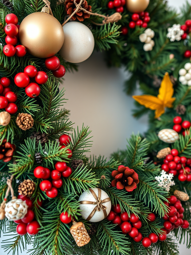 regenerate a vibrant and detailed image of a Christmas wreath adorned with pine, berries, and various decorative elements; use a macro lens at f/2.8, ISO 100, 50mm focal length, shot in natural soft light from a 45-degree angle to enhance texture and color depth
