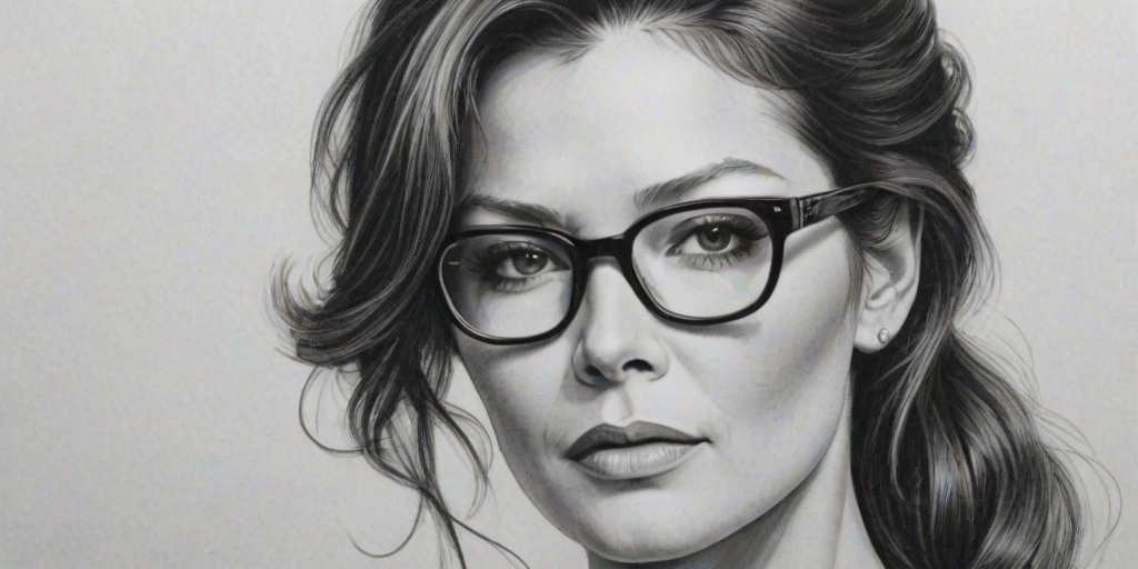 Fascinating Catherine Zeta-Jones, pencil sketch, portrait of Graceful woman 1970s in glasses, hair style beatnik, outline, clear lines, fine lines, 8k