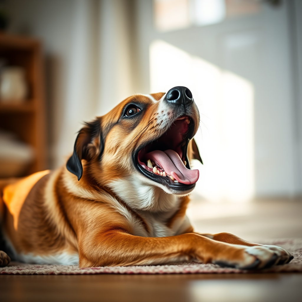 dog lying down and yawning indoors, natural light, shallow depth of field, f/2.8, ISO 200, 50mm lens, soft focus background, captured with a DSLR camera