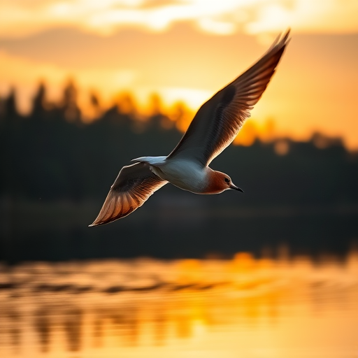 Capture a close-up shot of a bird in mid-flight over a serene lake at sunrise with soft natural lighting, using a DSLR camera with a 50mm lens, aperture set to f/2.8, ISO 200, and a shutter speed of 1/1000 sec for clear details and vibrant colors.