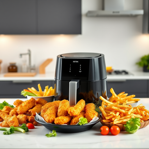 A sleek black air fryer on a bright modern kitchen countertop surrounded by crispy golden chicken tenders fresh vegetables and delicious fries with a minimalistic design and vibrant colors