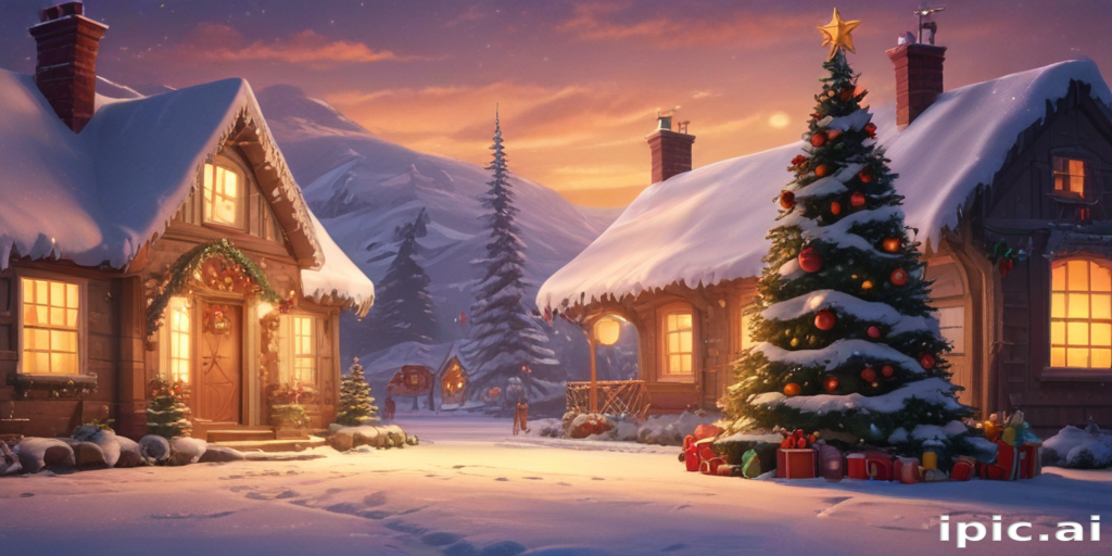 A Cozy Winter Scene with Charming Cabins and a Festive Christmas Tree