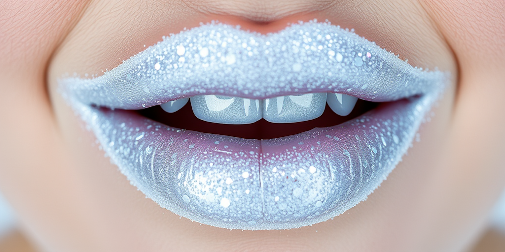 Icy white-silver lips in "Frost Queen" style, with a metallic finish and holographic snowflake-shaped glitter, creating a wintry and ethereal effect