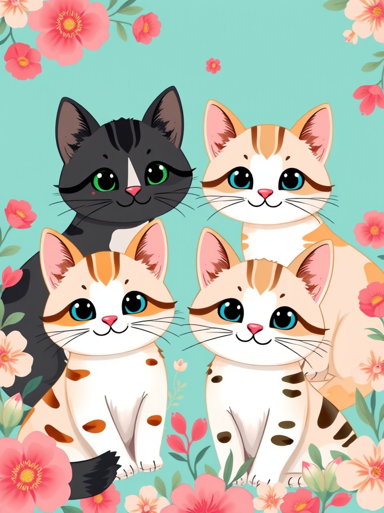 Create a high-resolution digital illustration of four cute cartoon cats in a floral pattern, with a soft turquoise background, using a Canon EOS R5, aperture f/2.8, shutter speed 1/125s, ISO 100, in natural light for vibrant colors and sharp details.