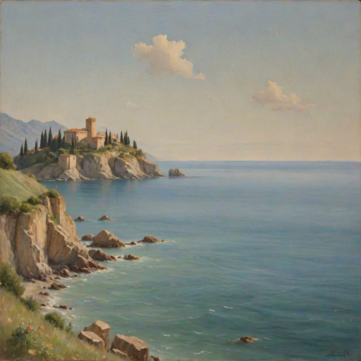 (italian seascape,sea),distant small mediaval italian castle,soft colours,