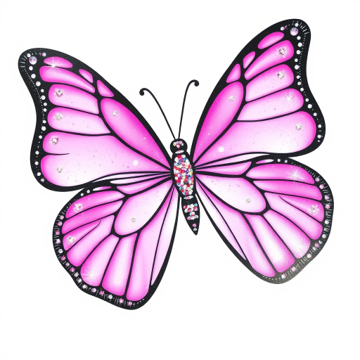 Create an image of a butterfly with vibrant pink wings adorned with sparkling glitter. The butterfly should have intricate black outlines and a smooth, glossy appearance, set against a clean white background.