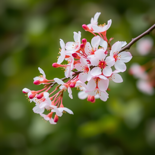 Cherry blossom branch in full bloom against a blurred green background, captured with a DSLR camera, 50mm lens, aperture f/1.8, ISO 200, at a shallow depth of field to enhance colors and details.