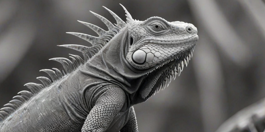 black and white portrait of an iguana with prominent spines and a distinctive dewlap, perched on a natural habitat background