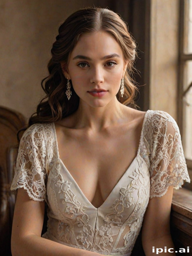 Create a portrait of a refined and elegant woman seated in a sophisticated setting. She has long, wavy hair styled in two thick braids that are pulled over her shoulders. She wears a white, lace gown with intricate patterns, featuring a deep V-neckline and short sleeves. The dress exudes a vintage charm with its delicate lacework. She is adorned with ornate, dangling earrings that add a touch of glamour to her appearance. The background is softly lit, with warm, ambient lighting that creates a cozy and inviting atmosphere. Her expression is poised and serene, capturing a sense of grace and elegance.