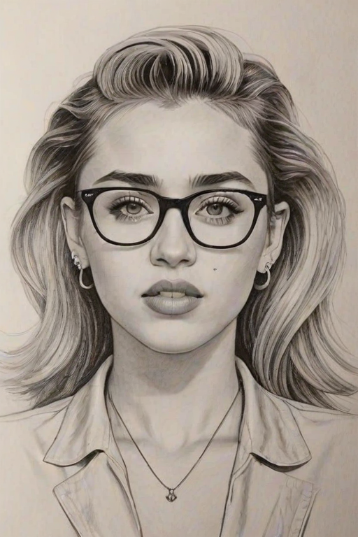 Stunning Miley Cyrus, pencil sketch, portrait of Bewitching woman 1944s in glasses, hair style beatnik, outline, clear lines, fine lines, 8k