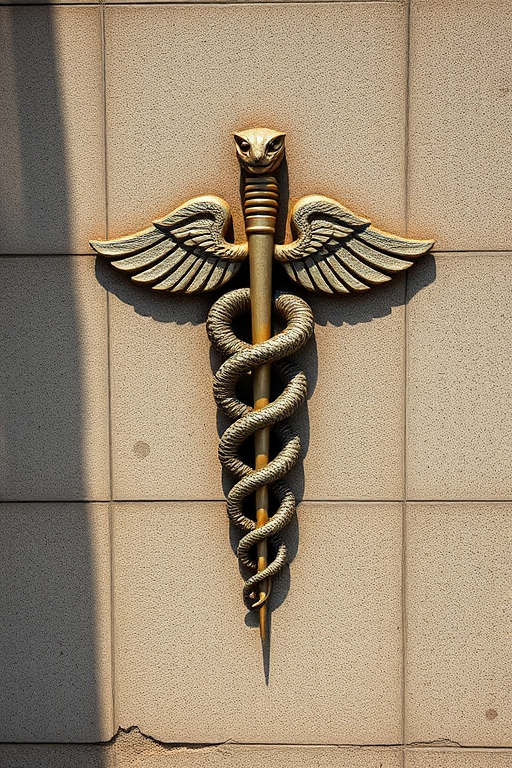 Regenerate the image of a stylized caduceus with a snake coiled around a staff, using a DSLR camera at f/4 aperture, ISO 100, 50mm lens, shot from a top-down view in natural light for enhanced clarity and contrast.