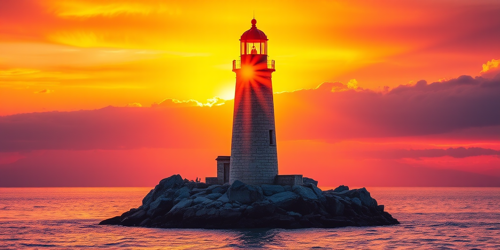 Generate an image of a tall lighthouse perched on a rocky outcrop surrounded by calm ocean waters during a breathtaking sunset. The lighthouse stands sturdy and weathered, its stone surface illuminated by the warm golden light of the setting sun. The sun's rays pass directly through the glass lantern room at the top of the lighthouse, casting a brilliant light across the scene. The sky is painted with vibrant shades of orange, pink, and purple, reflecting off the tranquil sea. The surrounding water shimmers with the same warm hues, creating a serene and majestic atmosphere.