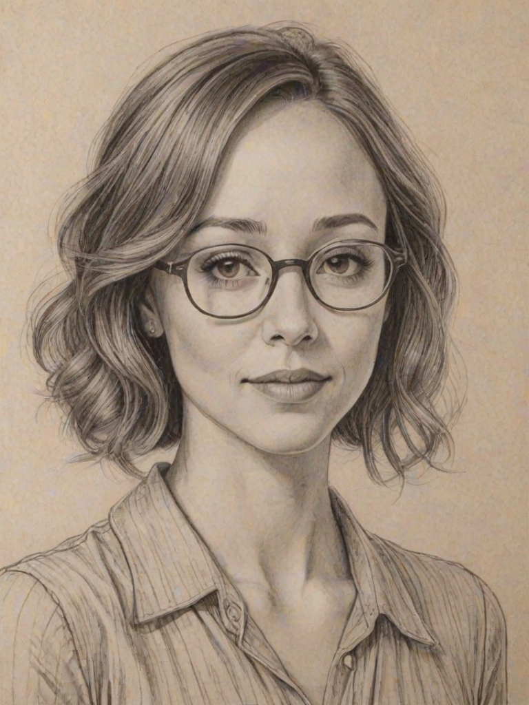 Charming Autumn Reeser, pencil sketch, portrait of Captivating woman 1924s in glasses, hair style beatnik, outline, clear lines, fine lines, 8k