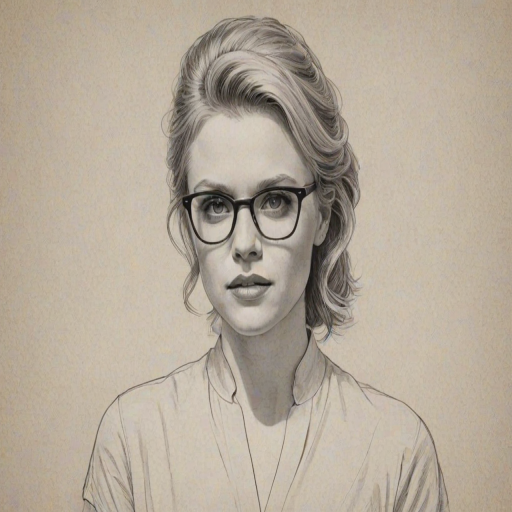 Alluring Kate McKinnon, pencil sketch, portrait of Exquisite woman 1961s in glasses, hair style beatnik, outline, clear lines, fine lines, 8k