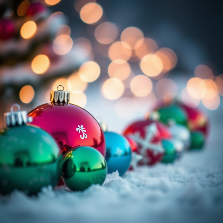 close-up shot of colorful Christmas ornaments on a snowy surface with bokeh lights in the background, aperture f/2.8, ISO 100, shutter speed 1/60s, taken with a DSLR camera using a 50mm lens in a soft-focus style