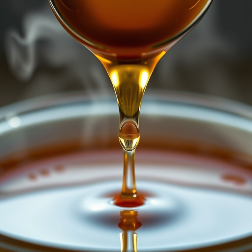 Sharp, high-resolution close-up of a drop of honey dripping from a spoon into a cup of hot tea, soft steam rising from the cup, with tiny golden bubbles reflecting the warm light.