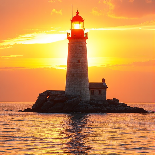 Generate an image of a tall lighthouse perched on a rocky outcrop surrounded by calm ocean waters during a breathtaking sunset. The lighthouse stands sturdy and weathered, its stone surface illuminated by the warm golden light of the setting sun. The sun's rays pass directly through the glass lantern room at the top of the lighthouse, casting a brilliant light across the scene. The sky is painted with vibrant shades of orange, pink, and purple, reflecting off the tranquil sea. The surrounding water shimmers with the same warm hues, creating a serene and majestic atmosphere.