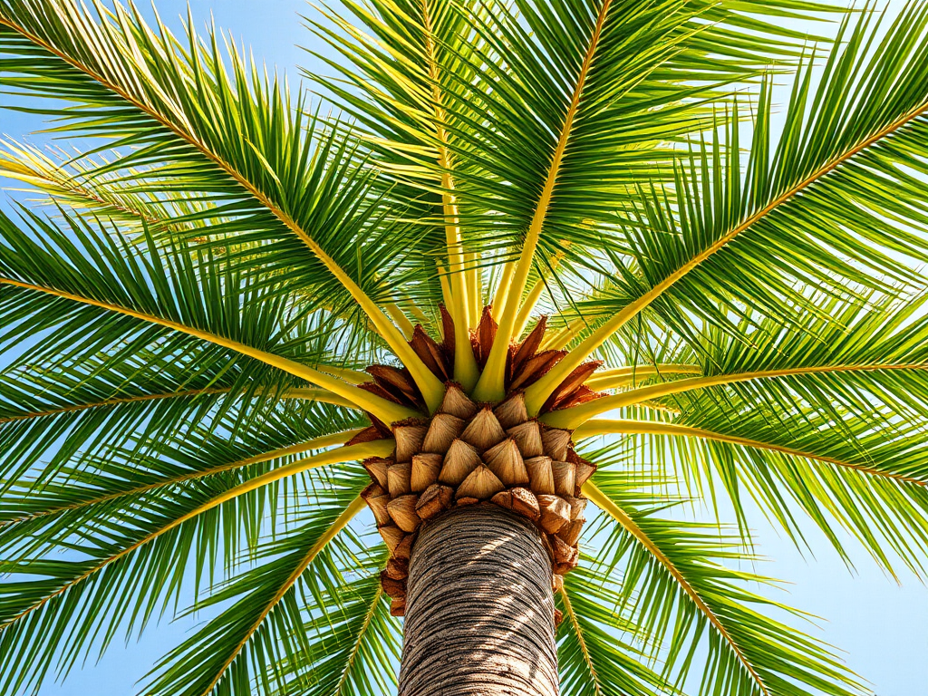 Create a highly detailed illustration of a palm tree with lush, vibrant green fronds, showcasing a thick, textured trunk, using a Canon EOS 5D Mark IV with a 50mm f/1.8 lens, aperture set to f/4 for sharpness, ISO 100 for clarity, in natural daylight conditions, focusing on a slightly upward angle to capture the tree's height and grandeur.