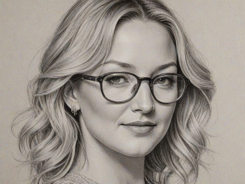 Delightful Kate Hudson, pencil sketch, portrait of Ravishing woman 1972s in glasses, hair style beatnik, outline, clear lines, fine lines, 8k