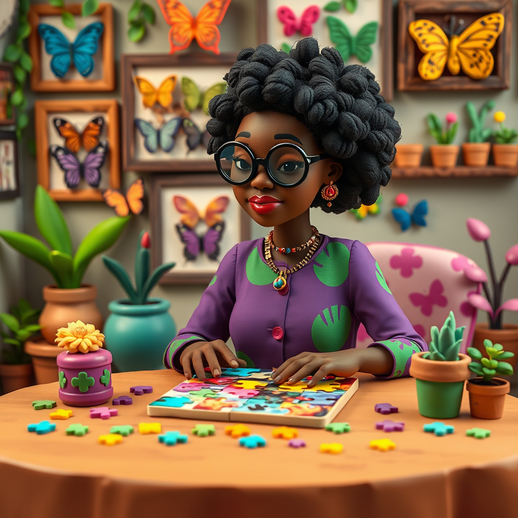 A vibrant and whimsical illustration of an african american woman sitting at a table working on a colorful jigsaw puzzle. she is wearing round glasses, and patterned clothing in shades of purple and green.  The background features an eclectic collection of framed butterflies, potted plants, and other natural elements, creating a warm and inviting atmosphere. The style is playful and modern, with rich textures, intricate details, and a lively color palette.