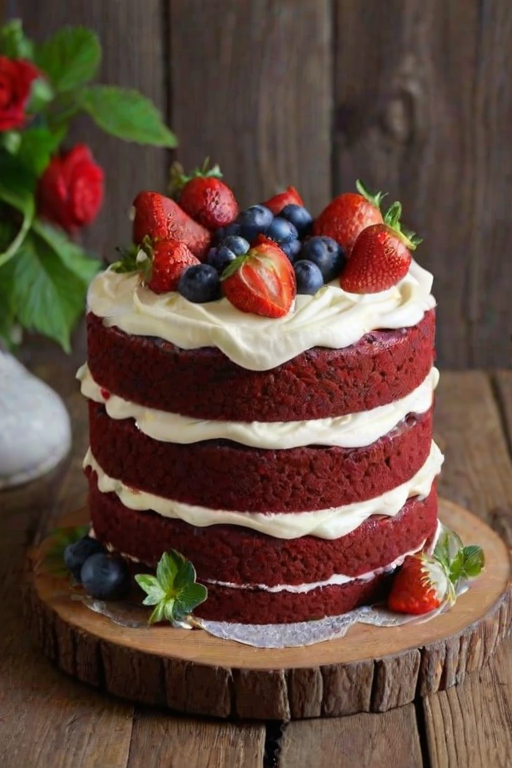 Create an image of two layered red velvet cakes stacked on a wooden surface. Each cake should be adorned with fresh strawberries, blueberries, and green leaves, with a decorative border of cream on top. The background should be simple and rustic to enhance the visual appeal of the cakes.