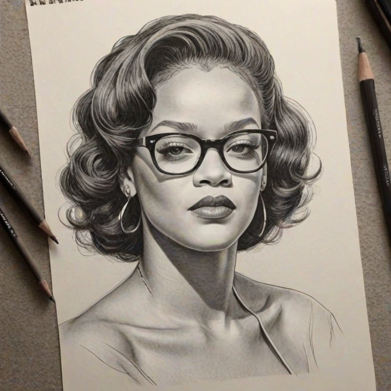 Alluring Rihanna, pencil sketch, portrait of Exquisite woman 1940s in glasses, hair style beatnik, outline, clear lines, fine lines, 8k