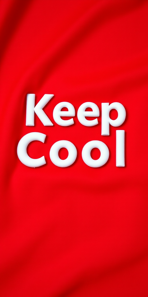 Keep Cool text on a red fabric background, capture using a DSLR camera with a 50mm lens, f/2.8 aperture, ISO 100, 1/200s shutter speed, natural lighting, top-down view for clarity and focus.