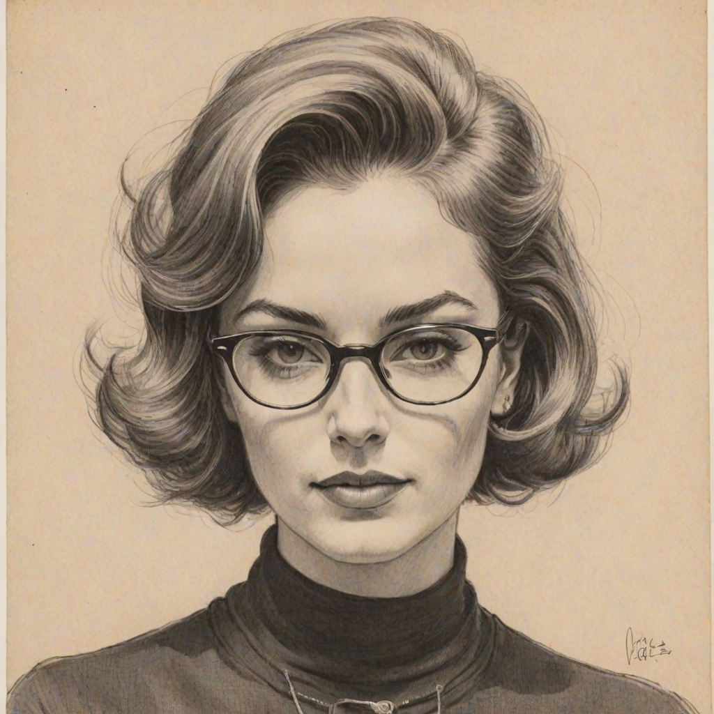Comely Kathryn Gallagher, pencil sketch, portrait of Bewitching woman 1959s in glasses, hair style beatnik, outline, clear lines, fine lines, 8k