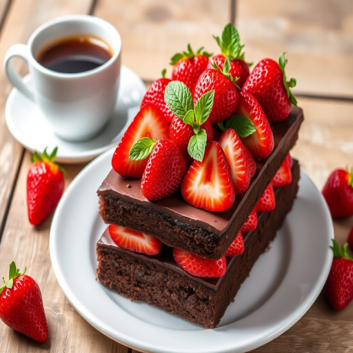 A delicious chocolate cake layered with fresh strawberries on top garnished with mint leaves placed on a white plate with a rustic background featuring a cup of coffee and additional strawberries nearby