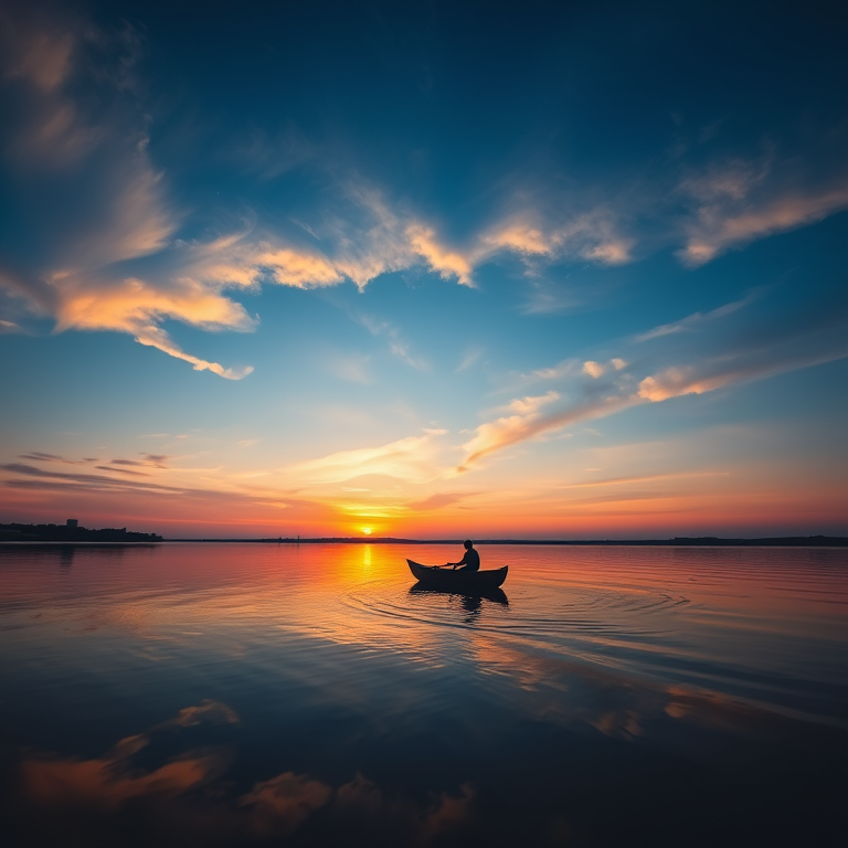 Capture a serene sunset over a tranquil lake with a lone rower in a boat, using a Canon EOS R5, 24mm lens, f/8 aperture, ISO 100, 1/125 sec exposure, shot from a low angle to highlight reflections on the water surface and the vibrant sky.