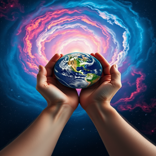 Create an image of a pair of hands gently holding the Earth centered in space, with vivid swirling cosmic colors in the background, captured with a Canon EOS R5, 24mm lens, f/2.8 aperture, ISO 100, 1/100 sec shutter speed, using a wide-angle view for depth and focus on the planet.