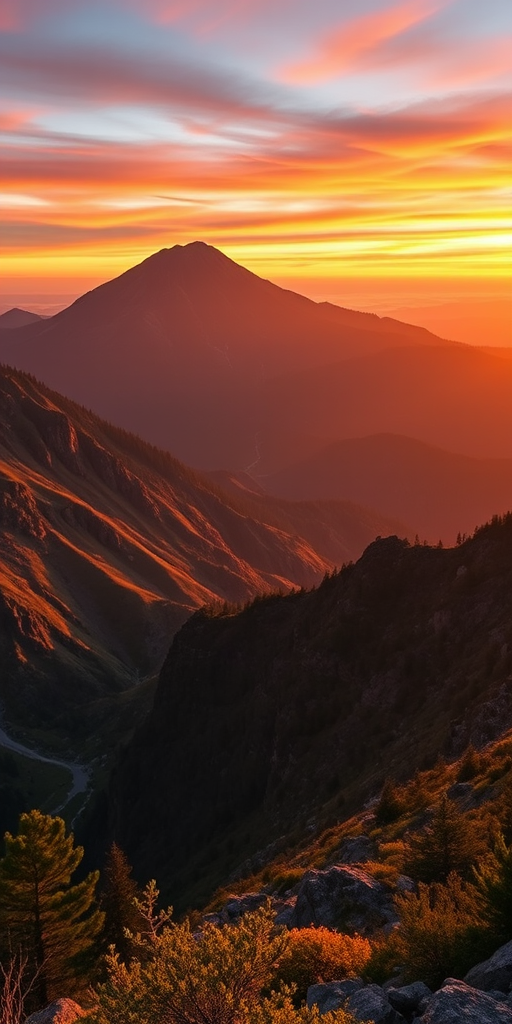 Create a high-resolution image of a serene mountain landscape at sunrise with vibrant colors, using a DSLR camera with a 24mm lens, aperture f/8, ISO 100, and a shutter speed of 1/125 sec, shot from a wide-angle perspective to capture the expansive scenery.